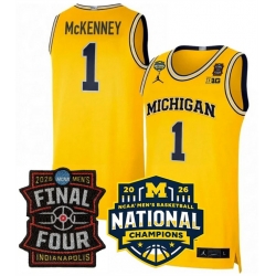 Men Michigan Wolverines  1 Trey McKenney Yellow 2025 26 Final Four   National Champions Patch Stitched Basketball Jersey