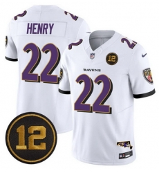 Men Baltimore Ravens 22 Derrick Henry White 2025 F U S E  Jacoby Jones Patch Vapor Limited Football Jersey