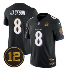 Men Baltimore Ravens 8 Lamar Jackson Black 2025 F U S E Jacoby Jones Patch Vapor Limited Football Jersey Men Baltimore Ravens 8 Lamar Jackson Black 2025 F U S E Jacoby Jones Patch Vapor Limited Football Jersey