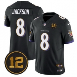 Men Baltimore Ravens 8 Lamar Jackson Black 2025 F U S E  Jacoby Jones Patch Vapor Limited Football Jersey Men Baltimore Ravens 8 Lamar Jackson Black 2025 F U S E  Jacoby Jones Patch Vapor Limited Football Jersey