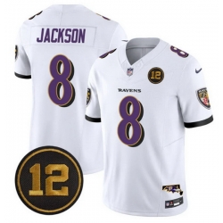 Men Baltimore Ravens 8 Lamar Jackson White 2025 F U S E  Jacoby Jones Patch Vapor Limited Football Jersey Men Baltimore Ravens 8 Lamar Jackson White 2025 F U S E  Jacoby Jones Patch Vapor Limited Football Jersey