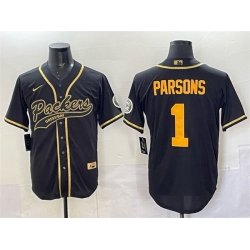 Men Green Bay Packers 1 Micah Parsons Black Gold Cool Base Stitched Baseball Jersey Men Green Bay Packers 1 Micah Parsons Black Gold Cool Base Stitched Baseball Jersey
