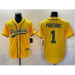 Men Green Bay Packers 1 Micah Parsons Gold Cool Base Stitched Baseball Jersey Men Green Bay Packers 1 Micah Parsons Gold Cool Base Stitched Baseball Jersey