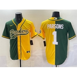 Men Green Bay Packers 1 Micah Parsons Green Gold Split Cool Base Stitched Baseball Jersey Men Green Bay Packers 1 Micah Parsons Green Gold Split Cool Base Stitched Baseball Jersey