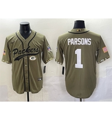 Men Green Bay Packers 1 Micah Parsons Olive Salute to Service Cool Base Stitched Baseball Jersey Men Green Bay Packers 1 Micah Parsons Olive Salute to Service Cool Base Stitched Baseball Jersey