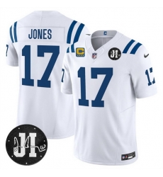 Men Indianapolis Colts 17 Daniel Jones White 2025 F U S E  With 4 Star C Patch And Jim Irsay Patch Vapor Limited Stitched Football Jersey Men Indianapolis Colts 17 Daniel Jones White 2025 F U S E  With 4 Star C Patch And Jim Irsay Patch Vapor Limited Stitched Football Jersey