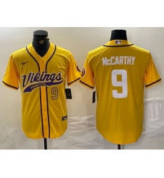 Men Minnesota Vikings 9 J J  McCarthy Yellow Cool Base Stitched Baseball Jersey 1