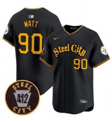Men Pittsburgh Steelers 90 T J Watt Black 412 Patch Vapor Premier Limited Stitched Baseball Jersey Men Pittsburgh Steelers 90 T J Watt Black 412 Patch Vapor Premier Limited Stitched Baseball Jersey