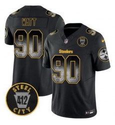 Men Pittsburgh Steelers 90 T J  Watt Black F U S E  Arch Smoke 412 Patch Vapor Limited Stitched Football Jersey Men Pittsburgh Steelers 90 T J  Watt Black F U S E  Arch Smoke 412 Patch Vapor Limited Stitched Football Jersey