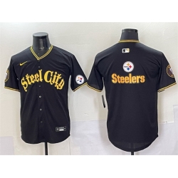 Men Pittsburgh Steelers Team Big Logo Black 412 Patch Vapor Premier Limited Stitched Baseball Jersey 1 Men Pittsburgh Steelers Team Big Logo Black 412 Patch Vapor Premier Limited Stitched Baseball Jersey 1