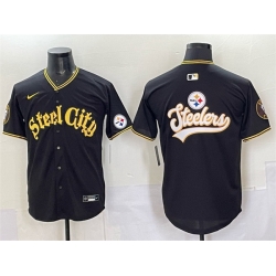 Men Pittsburgh Steelers Team Big Logo Black 412 Patch Vapor Premier Limited Stitched Baseball Jersey Men Pittsburgh Steelers Team Big Logo Black 412 Patch Vapor Premier Limited Stitched Baseball Jersey