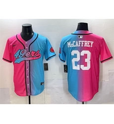 Men San Francisco 49ers 23 Christian McCaffrey Pink Blue Limited Stitched Baseball Jersey Men San Francisco 49ers 23 Christian McCaffrey Pink Blue Limited Stitched Baseball Jersey
