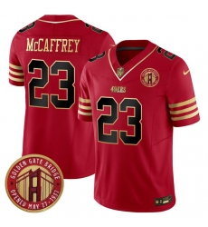 Men San Francisco 49ers 23 Christian McCaffrey Red F U S E  Golden Gate Bridge Patch Balck Scarlet Vapor Limited Stitched Football Jersey