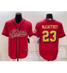 Men San Francisco 49ers 23 Christian McCaffrey Red Gold With Patch Cool Base Stitched Baseball Jersey