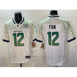Men Seattle Seahawks  12 Fan White 2025 F U S E   Rivalries  NFC West Champions Patch Vapor Untouchable Limited Stitched Football Jersey