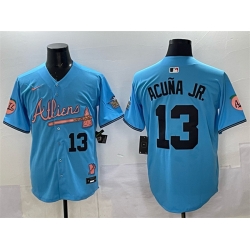 Men Atlanta Braves 13 Ronald Acua Jr  Blue 2024 Atliens  26 Peach With Outkast Patch Vapor Limited Stitched Baseball Jersey Men Atlanta Braves 13 Ronald Acua Jr  Blue 2024 Atliens  26 Peach With Outkast Patch Vapor Limited Stitched Baseball Jersey