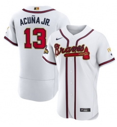 Men Atlanta Braves 13 Ronald  Acuna Jr 2022 White Gold World Series Champions Program Flex Base Stitched Baseball jersey