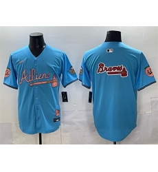 Men Atlanta Braves Team Big Logo Blue 2024 Atliens  26 Peach With Outkast Patch Vapor Limited Stitched Baseball Jersey Men Atlanta Braves Team Big Logo Blue 2024 Atliens  26 Peach With Outkast Patch Vapor Limited Stitched Baseball Jersey