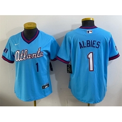 Women Atlanta Braves  1 Ozzie Albies Powder Blue 2026 City Connect Stadium Stitched Baseball Jersey