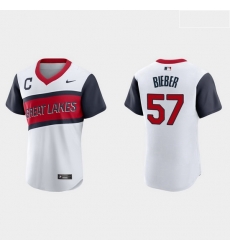 Men Cleveland Indians 57 Shane Bieber Men Nike White 2021 Little League Class Authentic MLB Jersey