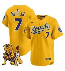 Men Kansas City Royals 7 Bobby Witt Jr  Gold Sluggerrr Patch Vapor Limited Stitched Baseball Jersey Men Kansas City Royals 7 Bobby Witt Jr  Gold Sluggerrr Patch Vapor Limited Stitched Baseball Jersey