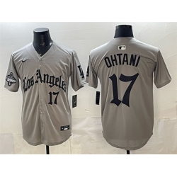 Men Los Angeles Dodgers 17 Shohei Ohtani Grey LA Gothic Style With 2025 World Series Champions Patch Limited Stitched Baseball Jersey