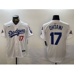 Men Los Angeles Dodgers 17 Shohei Ohtani White 2024 World Series Champions With Fernando Memorial Patch Home Limited Stitched Baseball Jersey