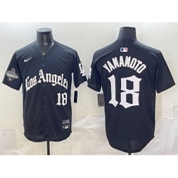 Men Los Angeles Dodgers 18 Yoshinobu Yamamoto Black LA Gothic Style With 2025 World Series Champions Patch Limited Stitched Baseball Jersey