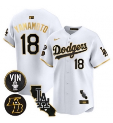Men Los Angeles Dodgers 18 Yoshinobu Yamamoto White Gold 2025 Vin  26 Kobe Patch Vapor Limited V2 Stitched Baseball Jersey