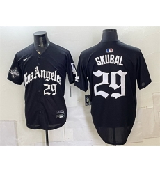 Men Los Angeles Dodgers 29 Tarik Skubal Black LA Gothic Style 2025 World Series Champions Patch Limited Stitched Baseball Jersey Men Los Angeles Dodgers 29 Tarik Skubal Black LA Gothic Style 2025 World Series Champions Patch Limited Stitched Baseball Jersey