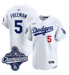 Men Los Angeles Dodgers 5 Freddie Freeman White 2025 World Series Champions Patch Home Limited Stitched Baseball Jersey Men Los Angeles Dodgers 5 Freddie Freeman White 2025 World Series Champions Patch Home Limited Stitched Baseball Jersey
