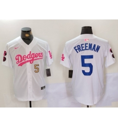 Men Los Angeles Dodgers 5 Freddie Freeman White Pink Vin  26 Kobe Patch Stitched Baseball Jersey 8