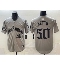 Men Los Angeles Dodgers 50 Mookie Betts Grey LA Gothic Style With 2025 World Series Champions Patch Limited Stitched Baseball Jersey
