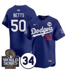 Men Los Angeles Dodgers 50 Mookie Betts Royal 2024 World Series With No  34 Patch Limited Stitched Baseball Jersey