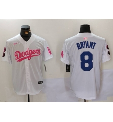 Men Los Angeles Dodgers 8 Kobe Bryant White Pink Vin  26 Kobe Patch Stitched Baseball Jersey 9