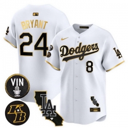 Men Los Angeles Dodgers Front 8 Back 24 Kobe Bryant White Gold 2025 Vin  26 Kobe Patch Vapor Limited V2 Stitched Baseball Jersey