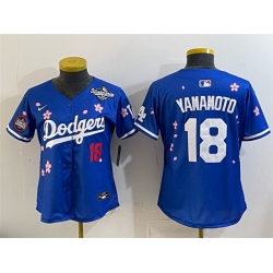 Women Los Angeles Dodgers 18 Yoshinobu Yamamoto Royal 2025 World Series Patch Tokyo Series Limited Stitched Baseball Jersey 