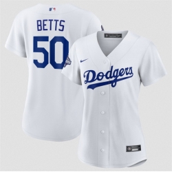 Women Los Angeles Dodgers 50 Mookie Betts White 2025 World Series Champions Home Cool Base Stitched Baseball Jersey  s