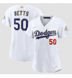 Women Los Angeles Dodgers  50 Mookie Betts White 2026 Gold Collection Stadium Stitched Baseball Jersey