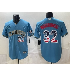 Men Milwaukee Brewers 32 Jacob Misiorowski Blue 2026 USA 250 Fourth of July Home Stadium Stitched Baseball Jersey Men Milwaukee Brewers 32 Jacob Misiorowski Blue 2026 USA 250 Fourth of July Home Stadium Stitched Baseball Jersey