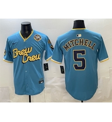 Men Milwaukee Brewers 5 Garrett Mitchell Powder Blue City Connect With Home Bob Uecker Patch Limited Stitched Baseball Jersey Men Milwaukee Brewers 5 Garrett Mitchell Powder Blue City Connect With Home Bob Uecker Patch Limited Stitched Baseball Jersey
