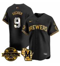 Men Milwaukee Brewers 9 Bob Uecker Black Gold With Home  26 Bob Uecker Patch Limited Stitched Baseball Jersey Men Milwaukee Brewers 9 Bob Uecker Black Gold With Home  26 Bob Uecker Patch Limited Stitched Baseball Jersey