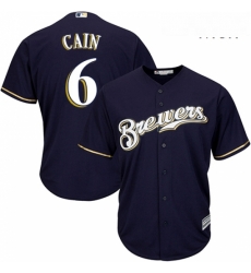 Mens Majestic Milwaukee Brewers 6 Lorenzo Cain Replica Navy Blue Alternate Cool Base MLB Jersey 