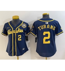 Women Milwaukee Brewers 2 Brice Turang Navy With Home Bob Uecker Patch Limited Stitched Jersey Women Milwaukee Brewers 2 Brice Turang Navy With Home Bob Uecker Patch Limited Stitched Jersey