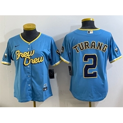 Women Milwaukee Brewers 2 Brice Turang Powder Blue City Connect Cool Base Stitched Jersey 28Run Small 29 Women Milwaukee Brewers 2 Brice Turang Powder Blue City Connect Cool Base Stitched Jersey 28Run Small 29
