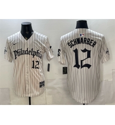 Men Philadelphia Phillies 12 Kyle Schwarber Cream Pinstripe Gothic Vapor Limited Stitched Jersey Men Philadelphia Phillies 12 Kyle Schwarber Cream Pinstripe Gothic Vapor Limited Stitched Jersey