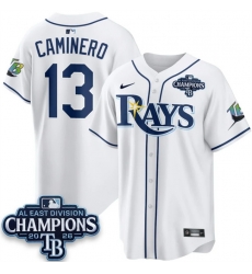 Men Tampa Bay Rays  13 Junior Caminero White 2026 AL East Champions Patch Limited Stitched Baseball Jersey