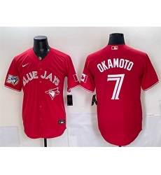 Men Toronto Blue Jays 7 Kazuma Okamoto Red 50 Seasons Patch Stitched Baseball Jersey Men Toronto Blue Jays 7 Kazuma Okamoto Red 50 Seasons Patch Stitched Baseball Jersey