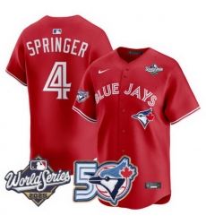Men Women Youth Blue Jays 50th Patch 2025 World Series Red 4 Springer Stitched Jersey Men Women Youth Blue Jays 50th Patch 2025 World Series Red 4 Springer Stitched Jersey