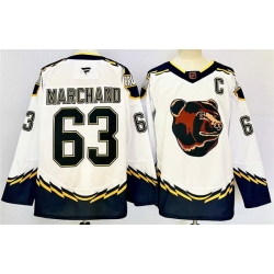 Men Boston Bruins 63 Brad Marchand White 2024 25 With C Patch Reverse Retro Home Stitched Hockey Jersey